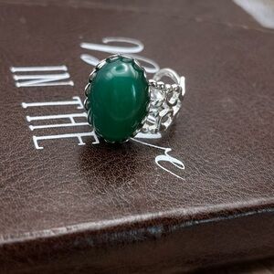 Dark Green Agate Oval Filigree Stainless Steel Adjustable Ring